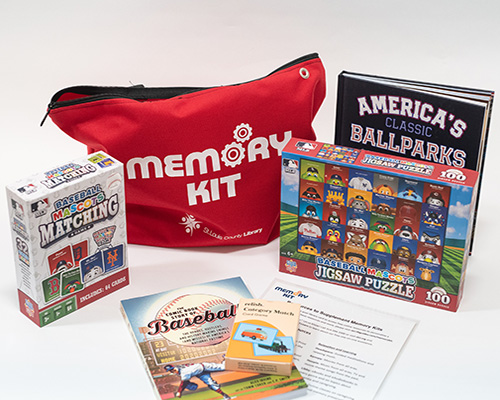 Memory Kit - A red bag containing baseball themed matching game cards, puzzle and books