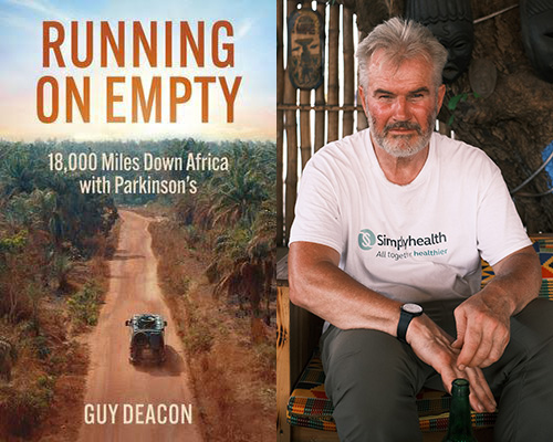"Running on Empty" book cover and author Guy Deacon sitting in a wood chair in a white tshirt