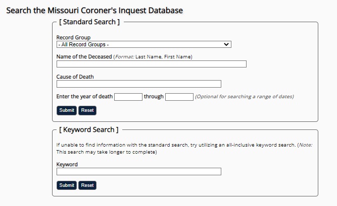 Missouri Coroner's Inquest Database screenshot