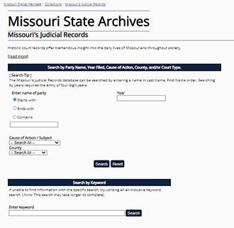 Missouri State Archives Judicial Records website search screen
