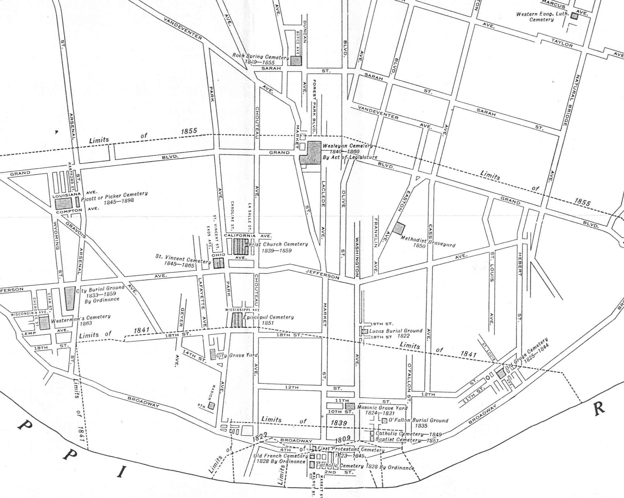 black and white map of cemetery locations