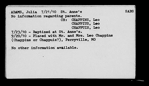 St. Ann's Orphans Home Index Card