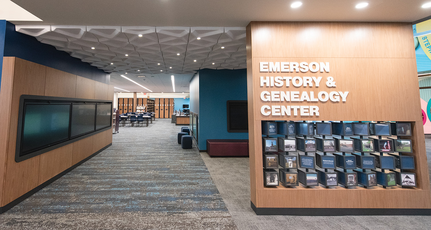 Emerson History & Genealogy Center entrance inside the Clark Family Branch