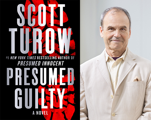 “Presumed Guilty” book cover and color author photo of Scott Turow