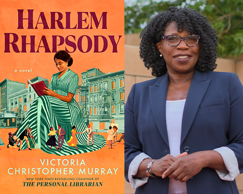 "Harlem Rhapsody" book cover and color author photo of Victoria Christopher Murray