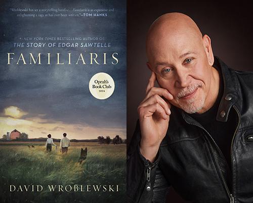 "Familiaris" book cover and author David Wroblewski wearing a black leather jacket with his right hand positioned on his cheek