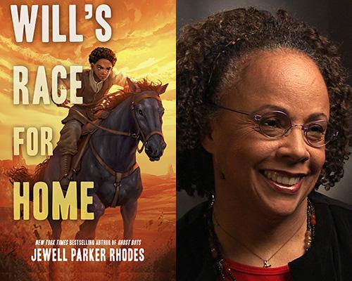 "Will's Race for Home" book cover and color author photo of Jewell Parker Rhodes