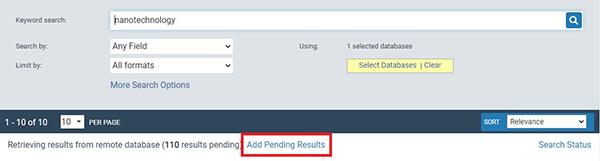 Screenshot of the search widget with Add Pending Results in a thick red outlined box