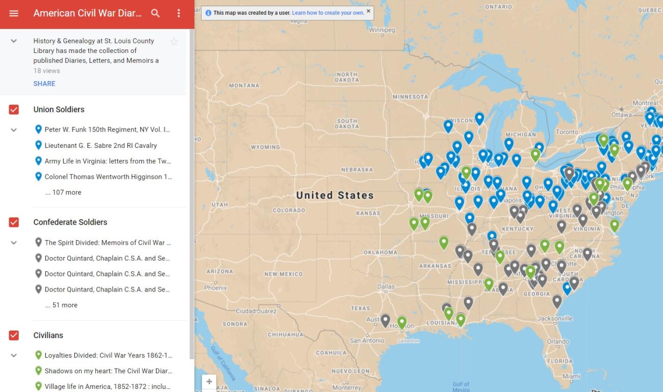 Google Maps indicating locations connected to Civil War letters, diaries, and memoirs