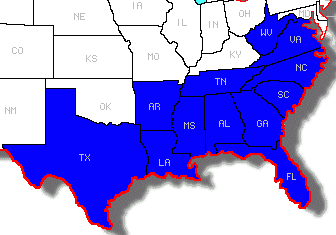 Map of southeastern states highlighted in bright blue with a red coastal outline