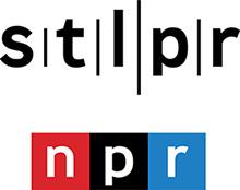 St. Louis Public Radio logo with stlpr in lowercase black text over npr logo in red black blue letter squares on white background