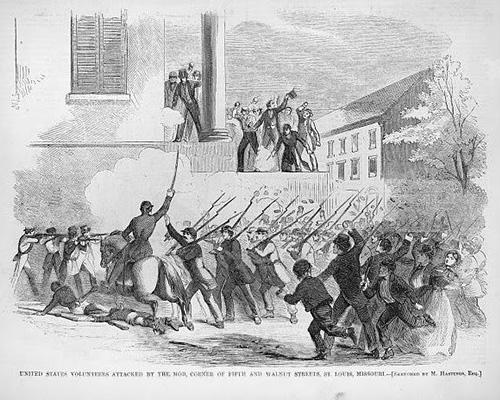 Harper's Weekly illustration of civil war soldiers battling in downtown St. Louis from June 1861