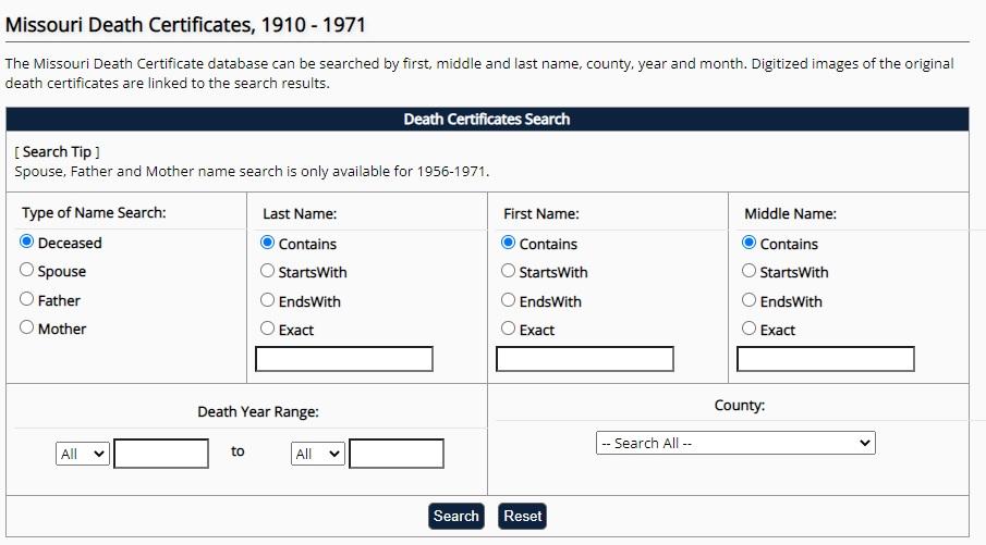 Missouri Death Certificates Database - screenshot