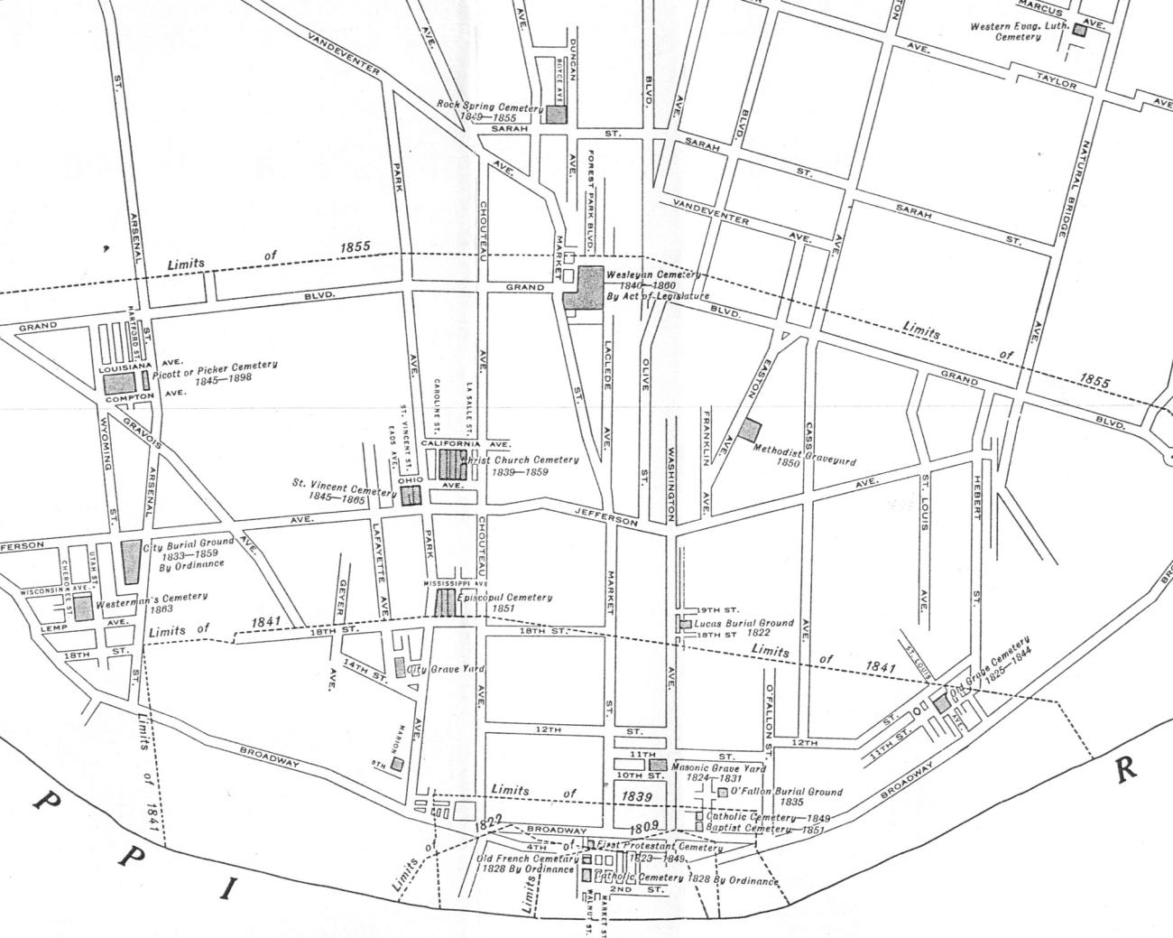 black and white map of cemetery locations