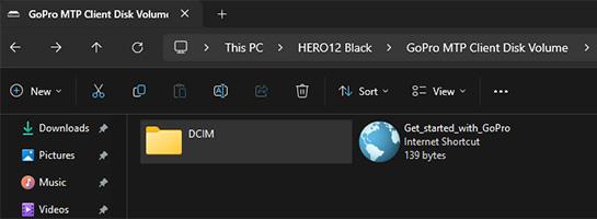 Close up of computer window displaying the GoPro MTP Client Disk Volume files and folders