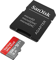 SanDisk 256 GB card positioned to go into the bottom of a black SanDisk microSD adapter