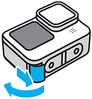 Black and white clipart of a camera with a bright blue door indicating where SD card goes and two blue arrows showing the ability to open the door